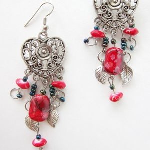 Long dangle earrings with red beads